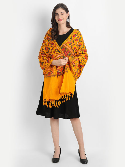 Kashmiri Aari Embroidery Woollen Stole | Yellow - Zamour