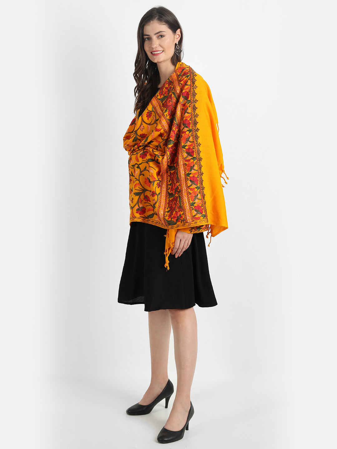 Kashmiri Aari Embroidery Woollen Stole | Yellow - Zamour