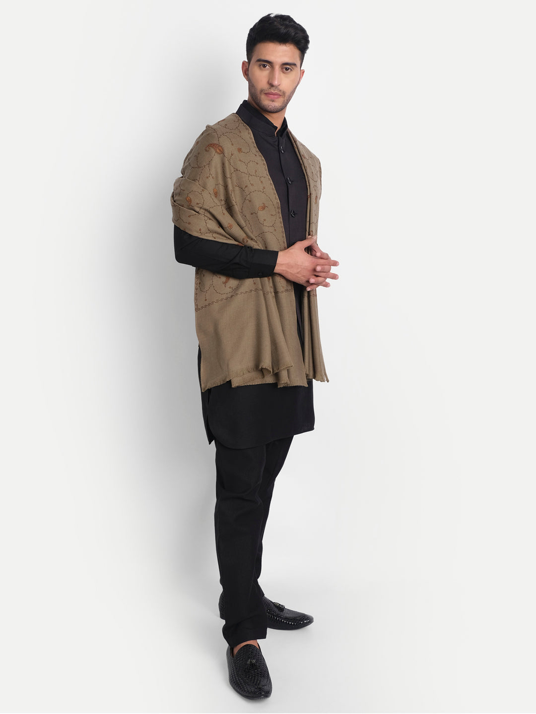 Kashmiri Sozni Embroidery Shawl for Men | Brown - Zamour