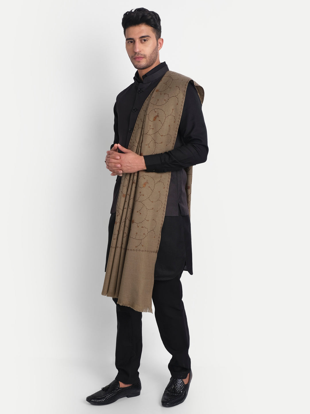 Kashmiri Sozni Embroidery Shawl for Men | Brown - Zamour