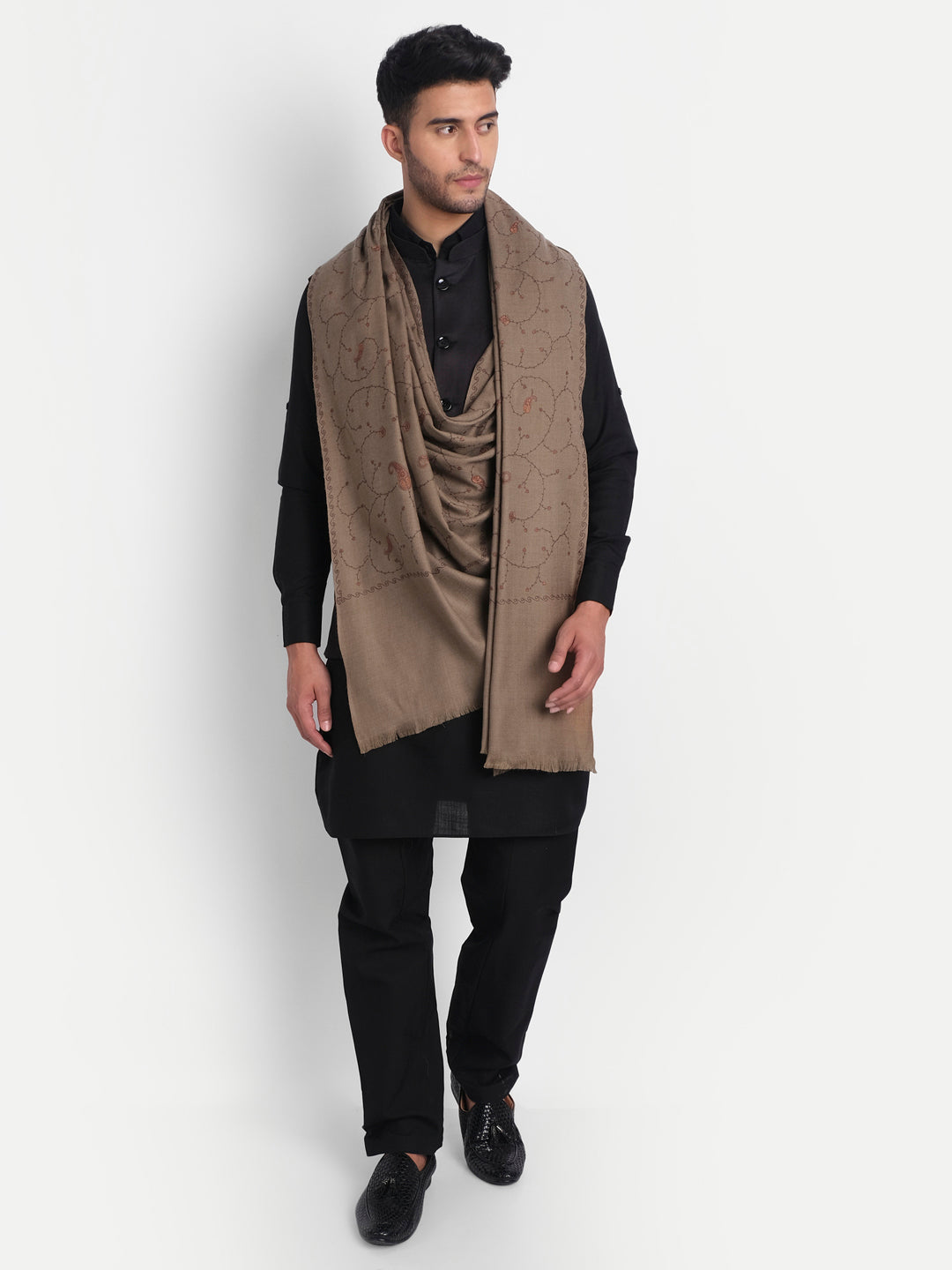 Kashmiri Sozni Embroidery Shawl for Men | Brown - Zamour