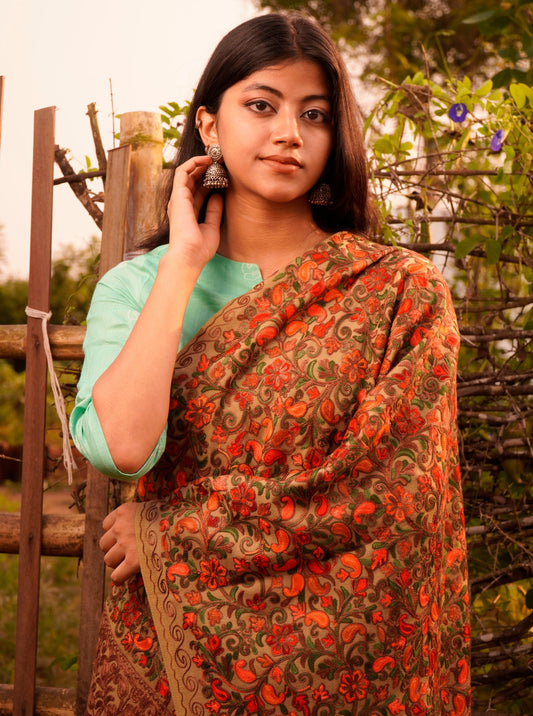 Kashmiri Aari Embroidery Woollen Stole | Brown