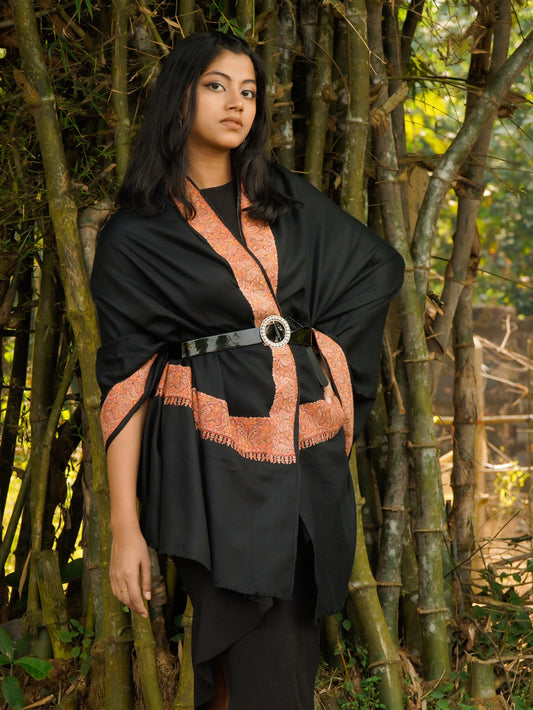 Fine Embroidery Paper Mache Daur Kashmiri Wool Shawl | Black