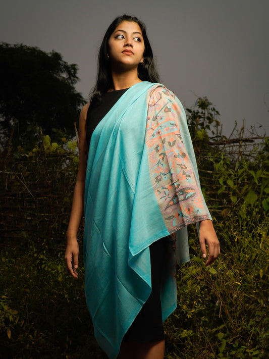 Ultra Soft Fine-Wool Kani Woven Stole | Cyan