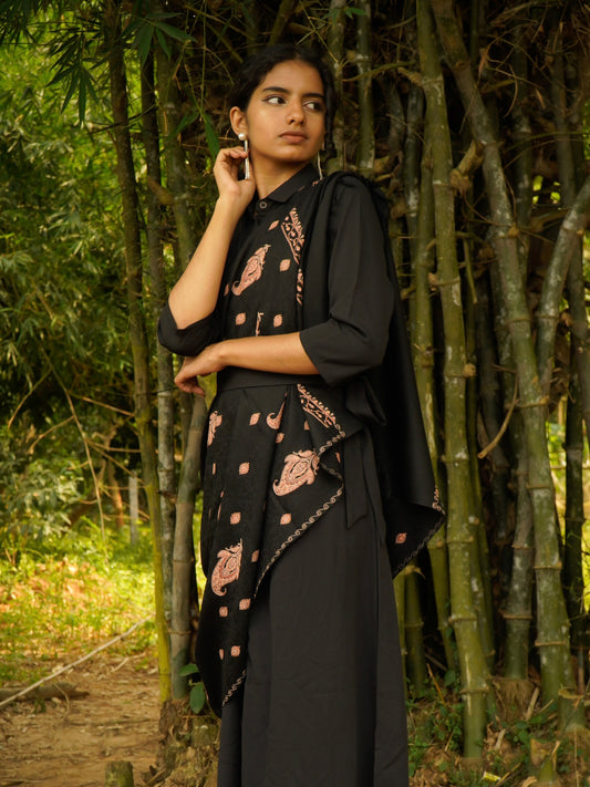 Fine Embroidery Paper Mache Kashmiri Wool Stole | Black