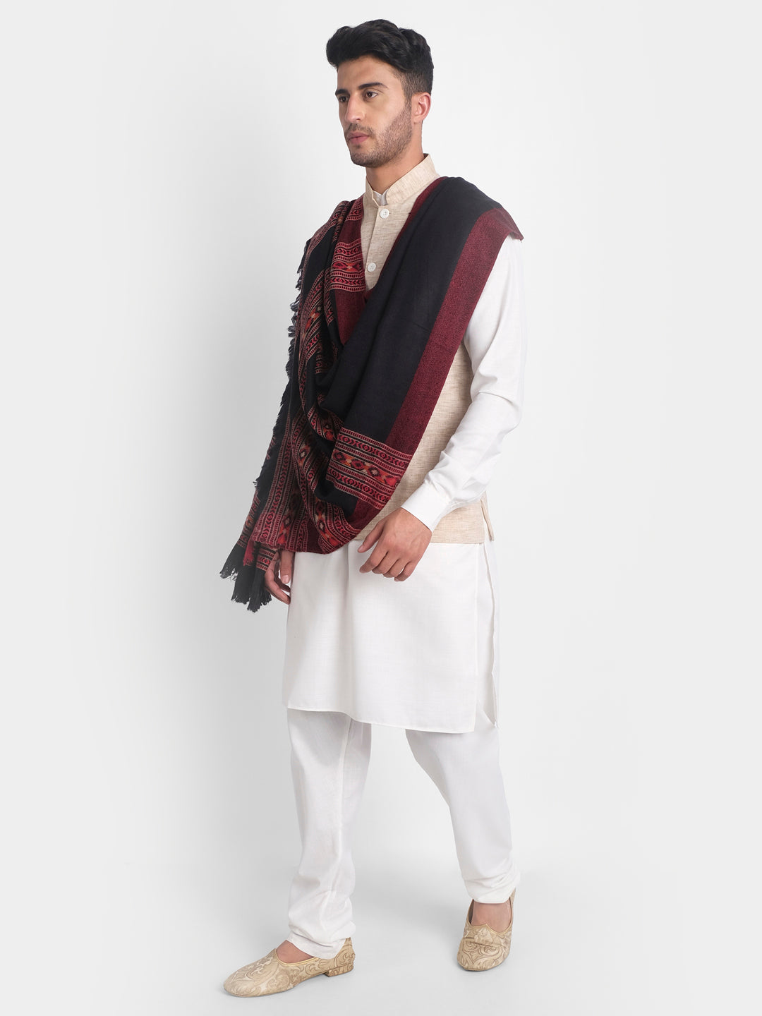 Men's Traditional Kullu Weave Himalayan Shawl | Black - Zamour