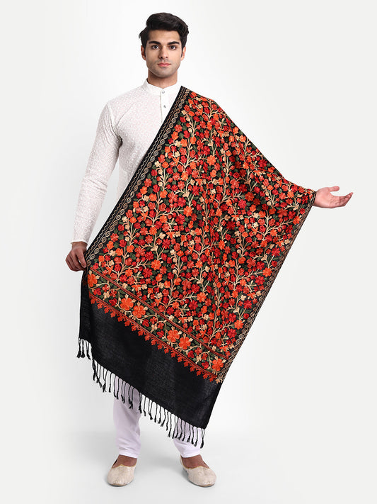 Punjabi Stole with Kashmiri Aari Jaal Embroidery | Black - Zamour