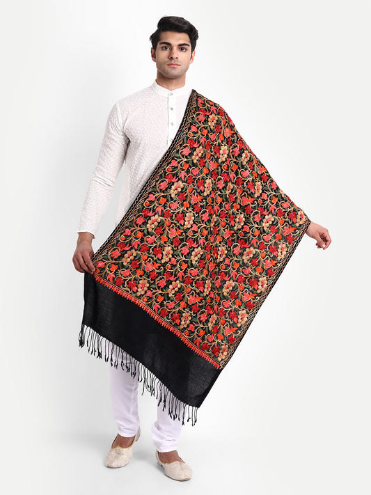 Punjabi Stole with Kashmiri Aari Jaal Embroidery | Black - Zamour