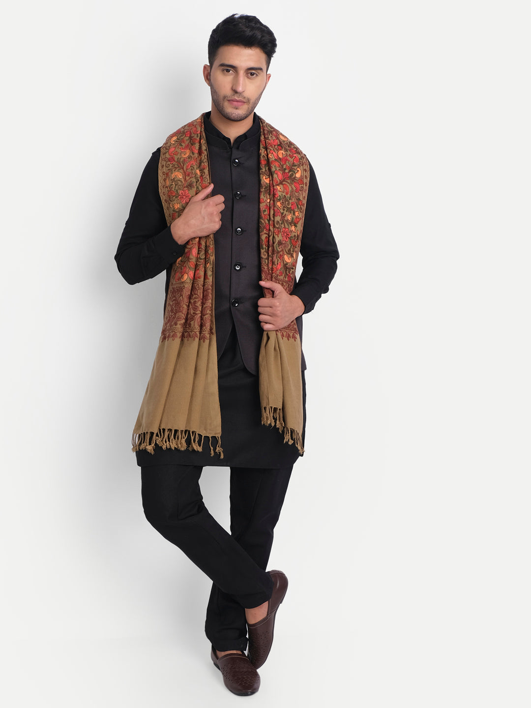 Punjabi Stole with Kashmiri Aari Jaal Embroidery | Brown - Zamour