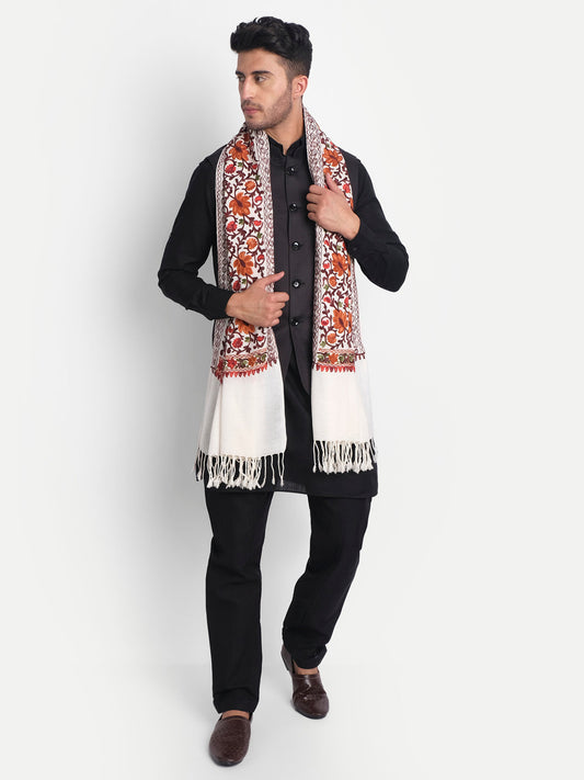 Punjabi Stole with Kashmiri Aari Jaal Embroidery | White - Zamour