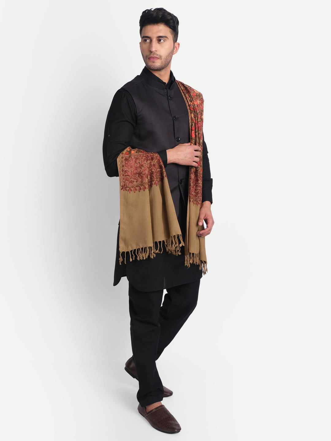 Punjabi Stole with Kashmiri Aari Jaal Embroidery | Brown - Zamour