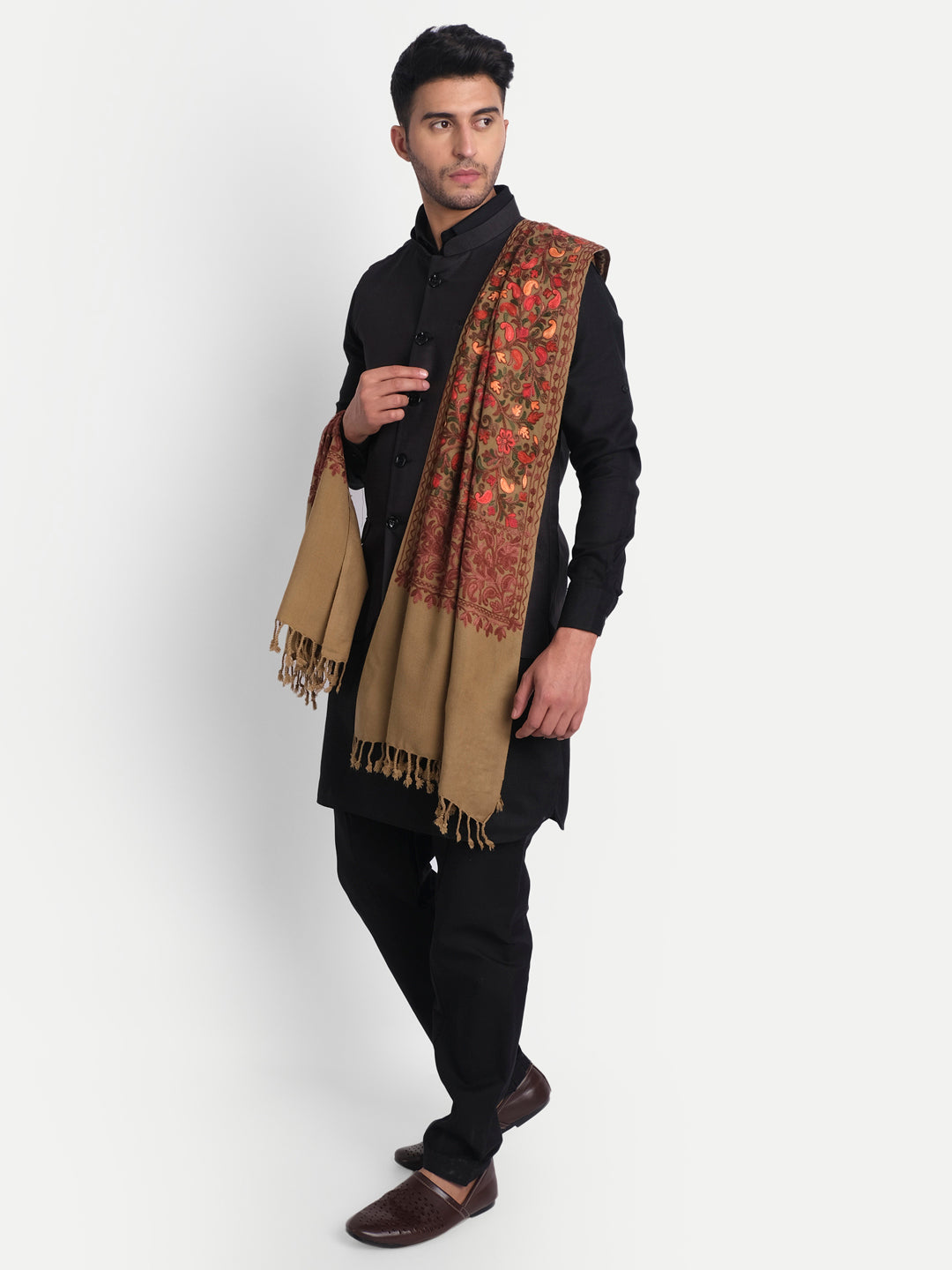 Punjabi Stole with Kashmiri Aari Jaal Embroidery | Brown - Zamour