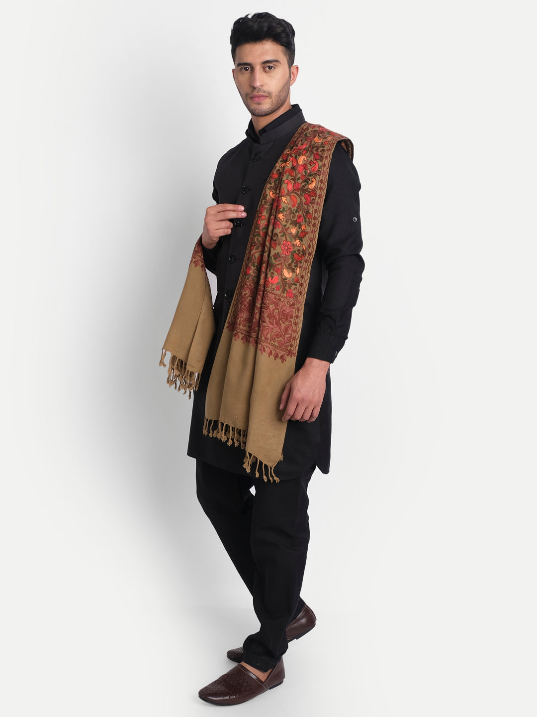 Punjabi Stole with Kashmiri Aari Jaal Embroidery | Brown - Zamour