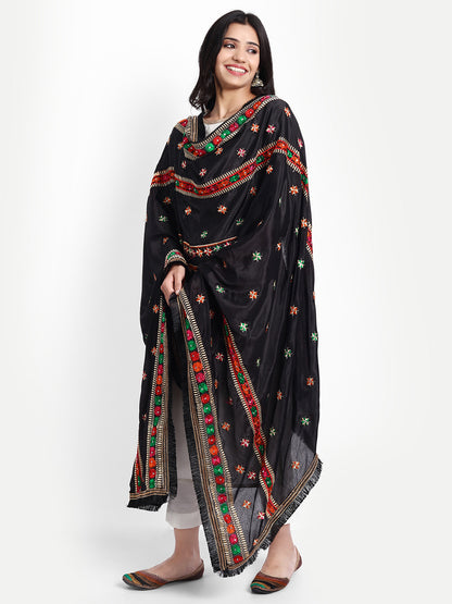 Punjabi Phulkari Embroidered Dupatta Sardarni | Black - Zamour