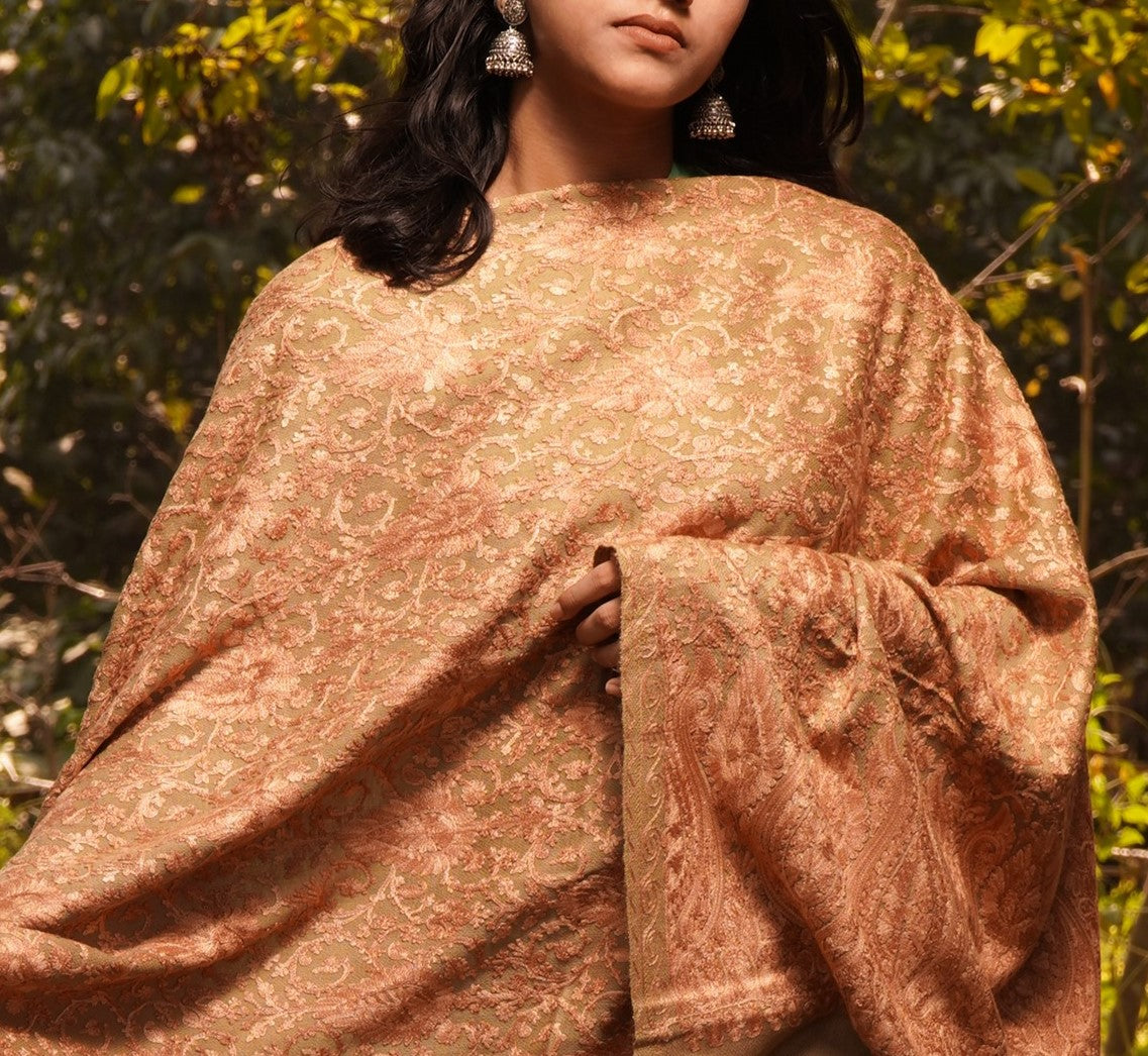 Kashmiri Aari Embroidery Woollen Stole | Brown