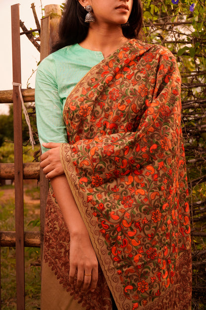 Kashmiri Aari Embroidery Woollen Stole | Brown