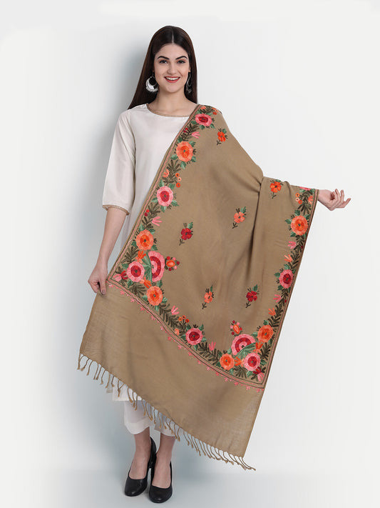 Women Kashmiri Aari Embroidered Woollen Stole | Brown - Zamour
