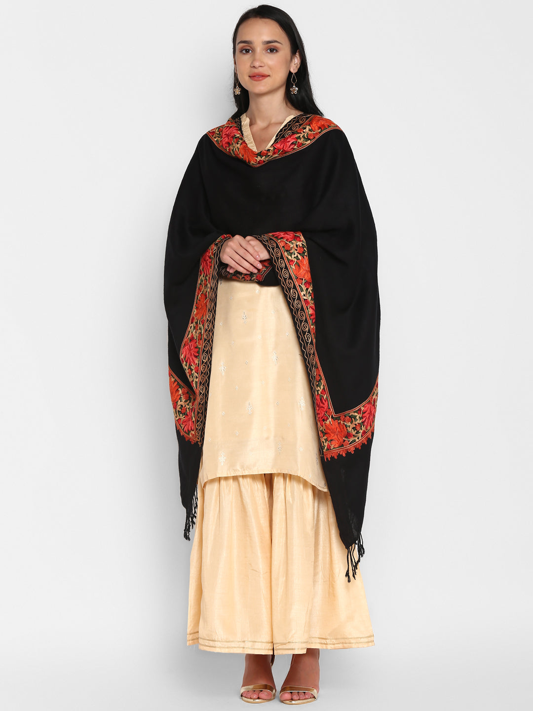Kashmiri Aari Embroidery Woollen Stole | Black - Zamour