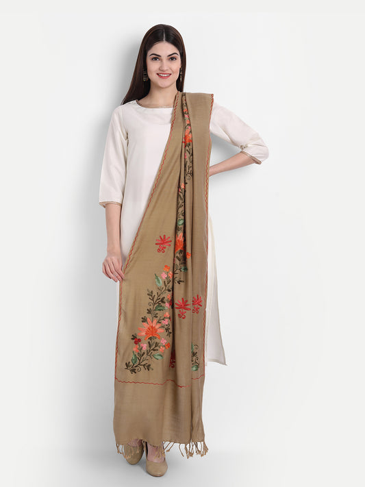 Women Kashmiri Aari Embroidery Woollen Stole | Brown - Zamour