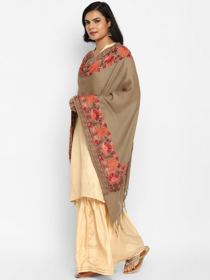 Kashmiri Aari Embroidery Woollen Stole | Brown - Zamour