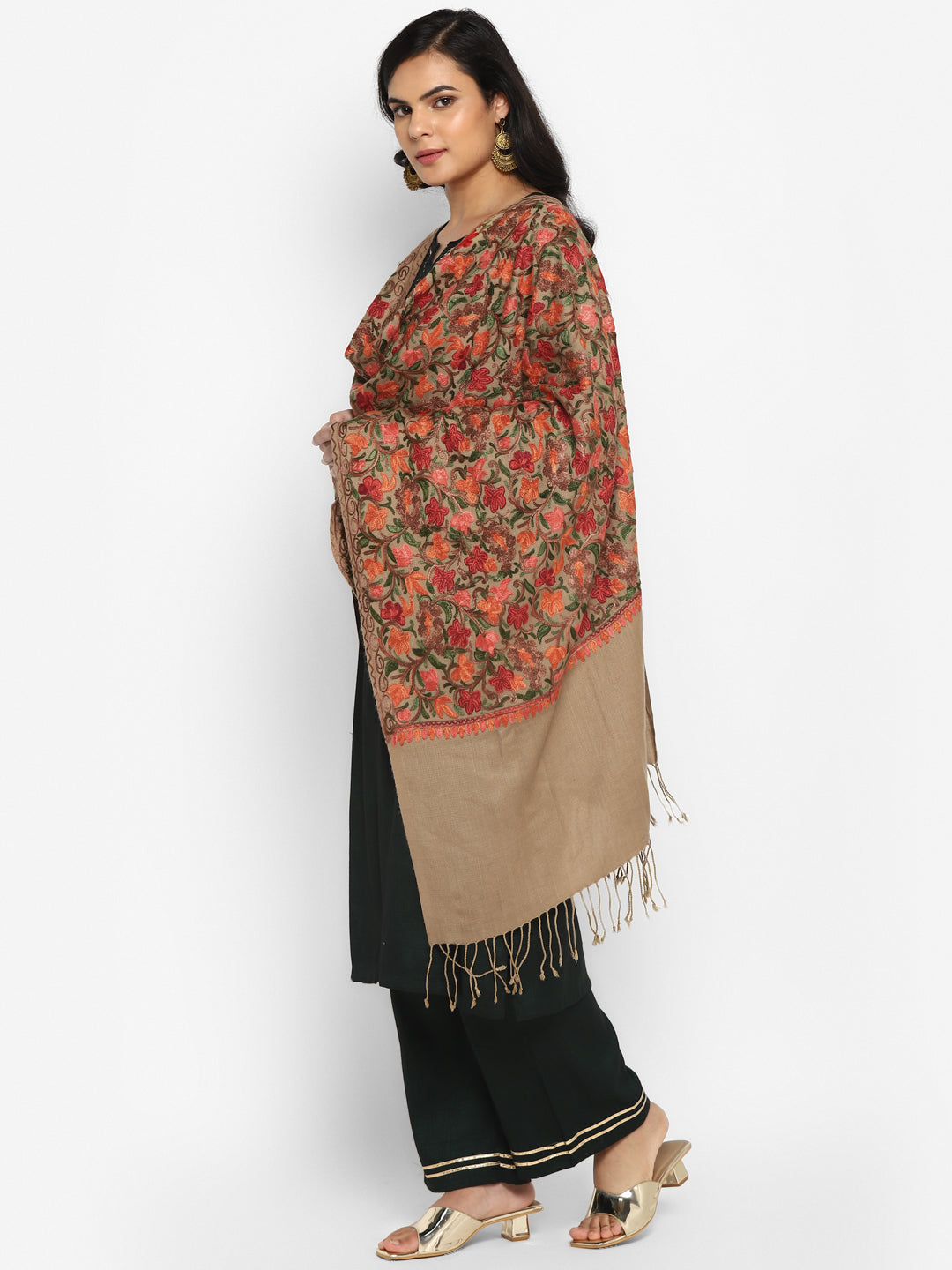 Kashmiri Aari Embroidery Woollen Stole | Brown - Zamour