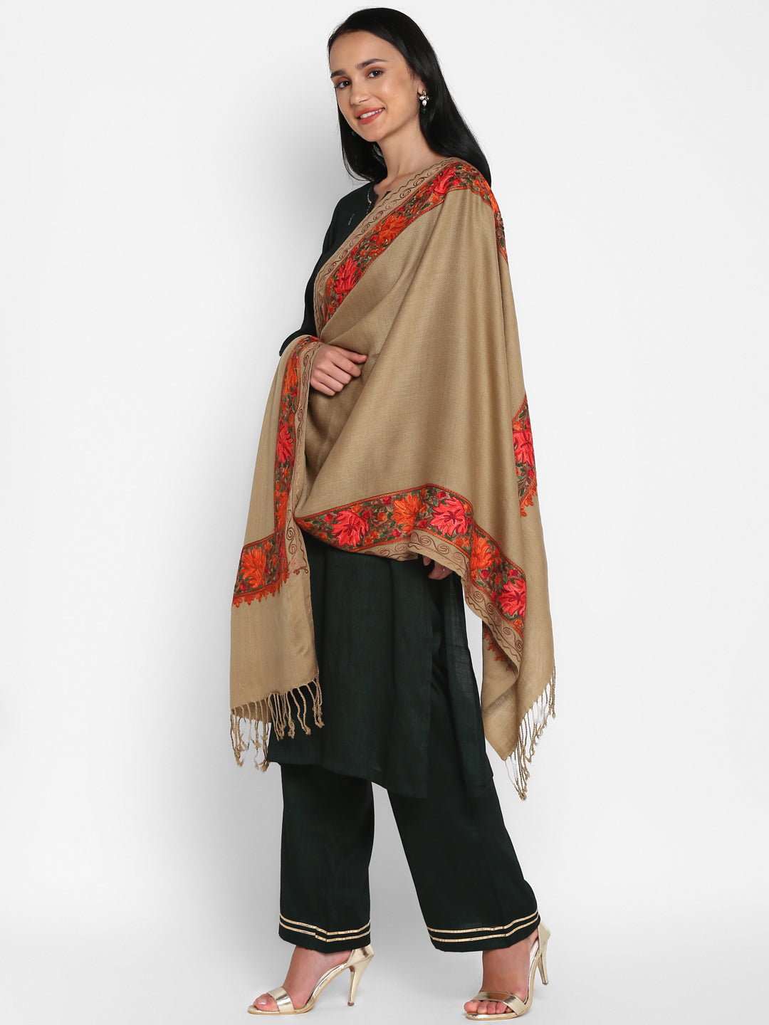 Kashmiri Aari Embroidery Woollen Stole | Brown - Zamour
