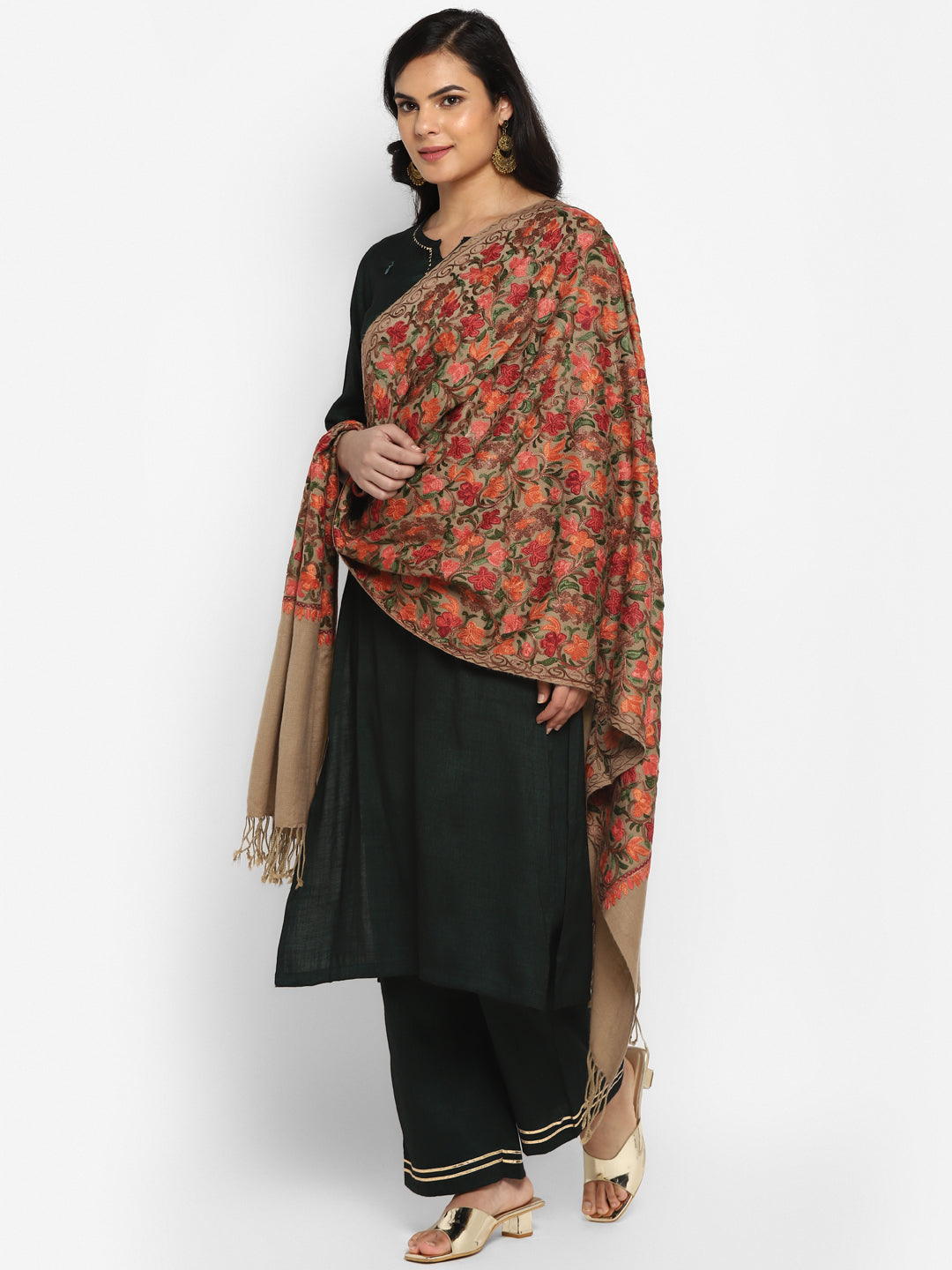 Kashmiri Aari Embroidery Woollen Stole | Brown - Zamour