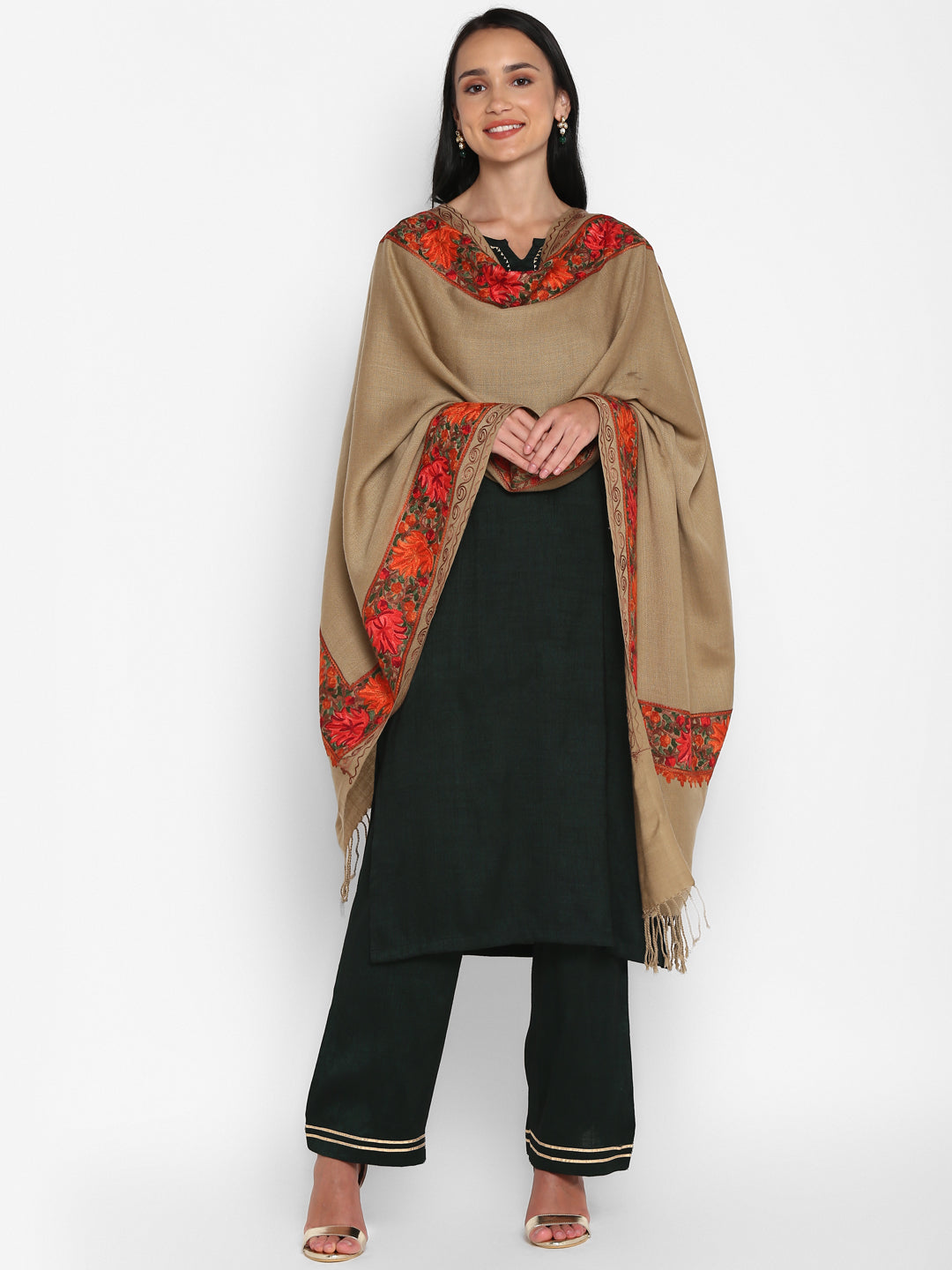 Kashmiri Aari Embroidery Woollen Stole | Brown - Zamour