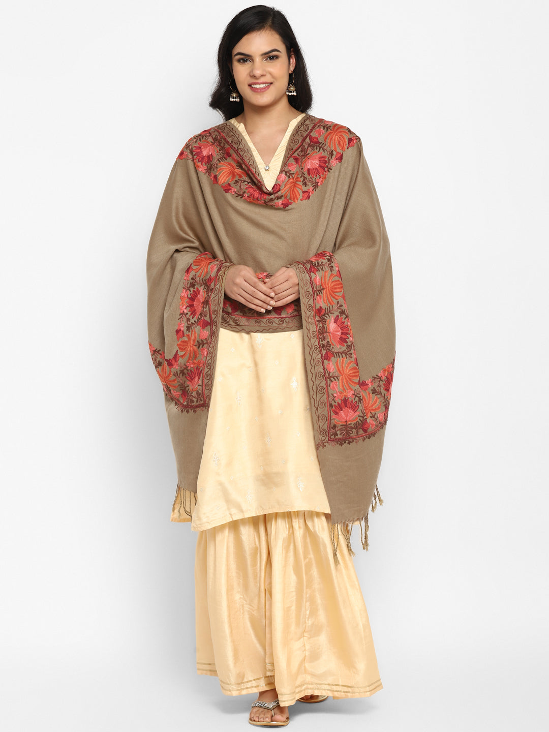 Kashmiri Aari Embroidery Woollen Stole | Brown - Zamour