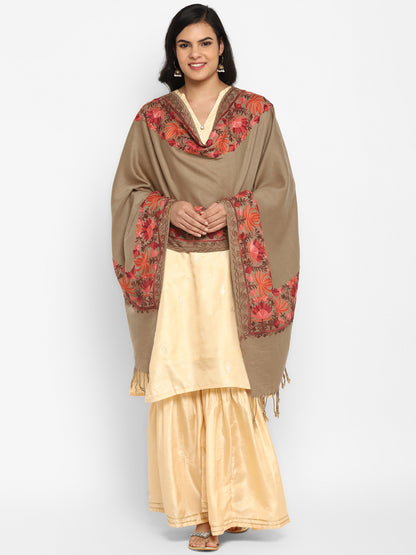 Kashmiri Aari Embroidery Woollen Stole | Brown - Zamour