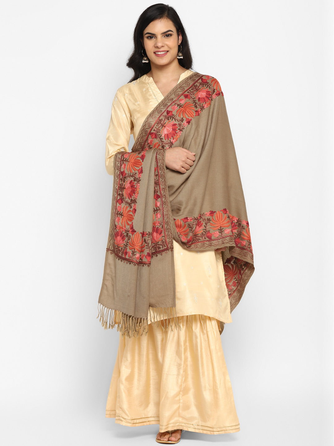 Kashmiri Aari Embroidery Woollen Stole | Brown - Zamour