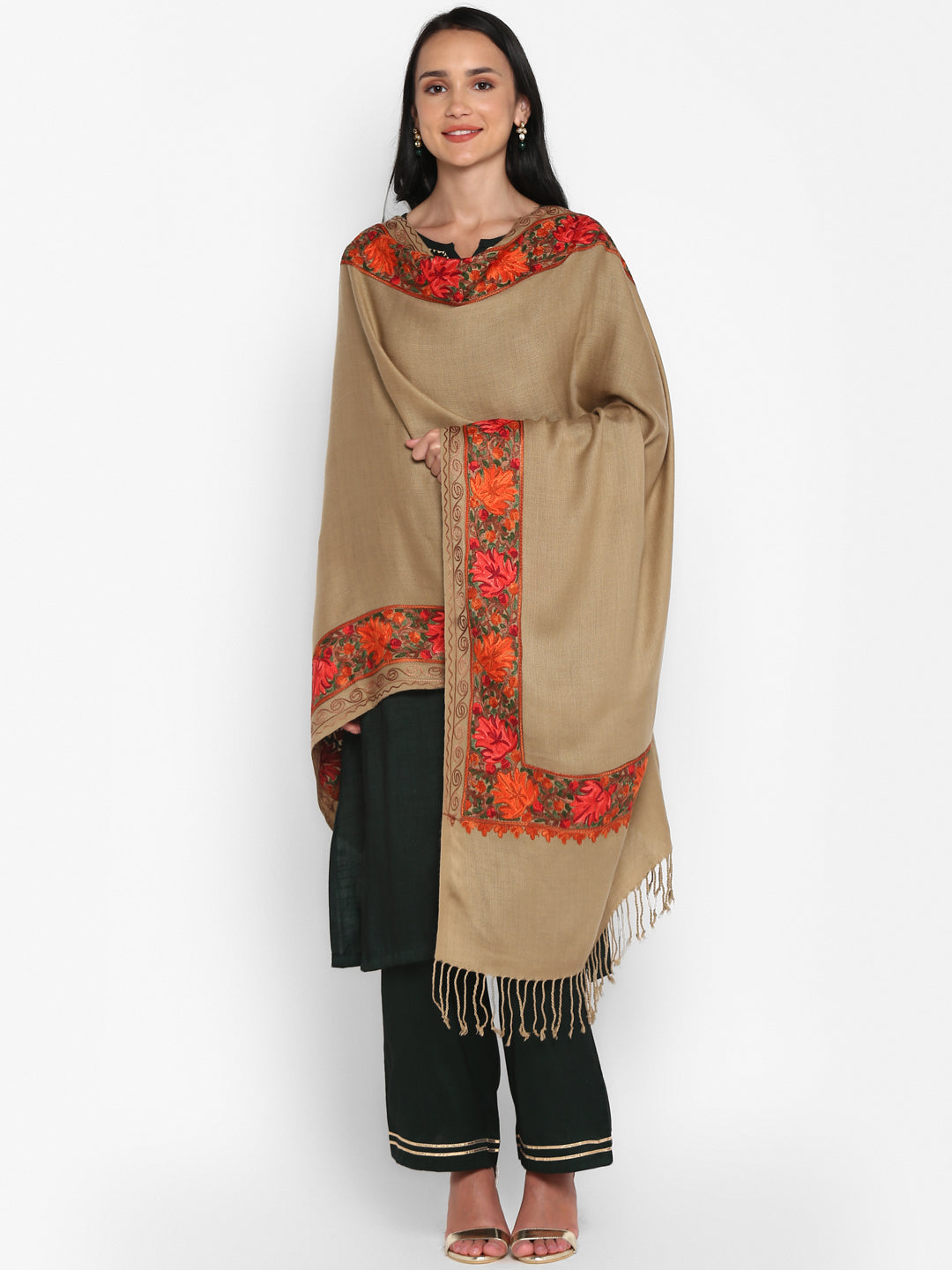 Kashmiri Aari Embroidery Woollen Stole | Brown - Zamour