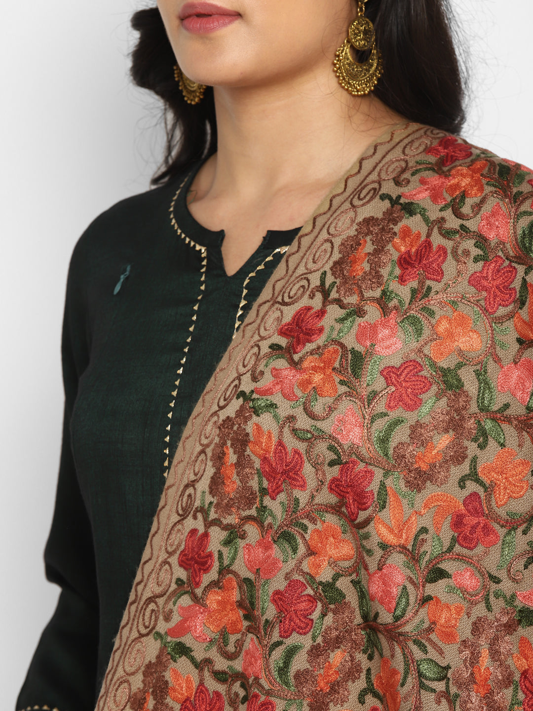 Kashmiri Aari Embroidery Woollen Stole | Brown - Zamour