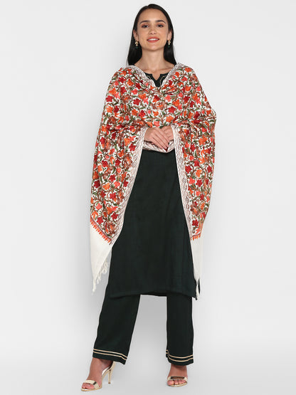 Kashmiri Aari Embroidery Woollen Stole | Off White - Zamour