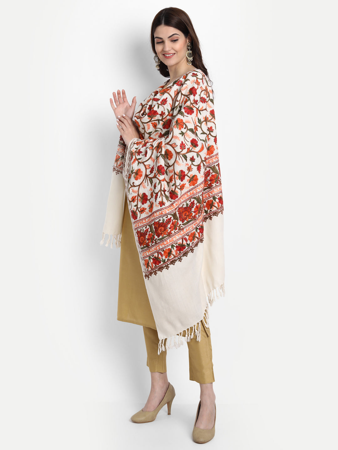 Kashmiri Aari Embroidery Woollen Stole | Off White - Zamour