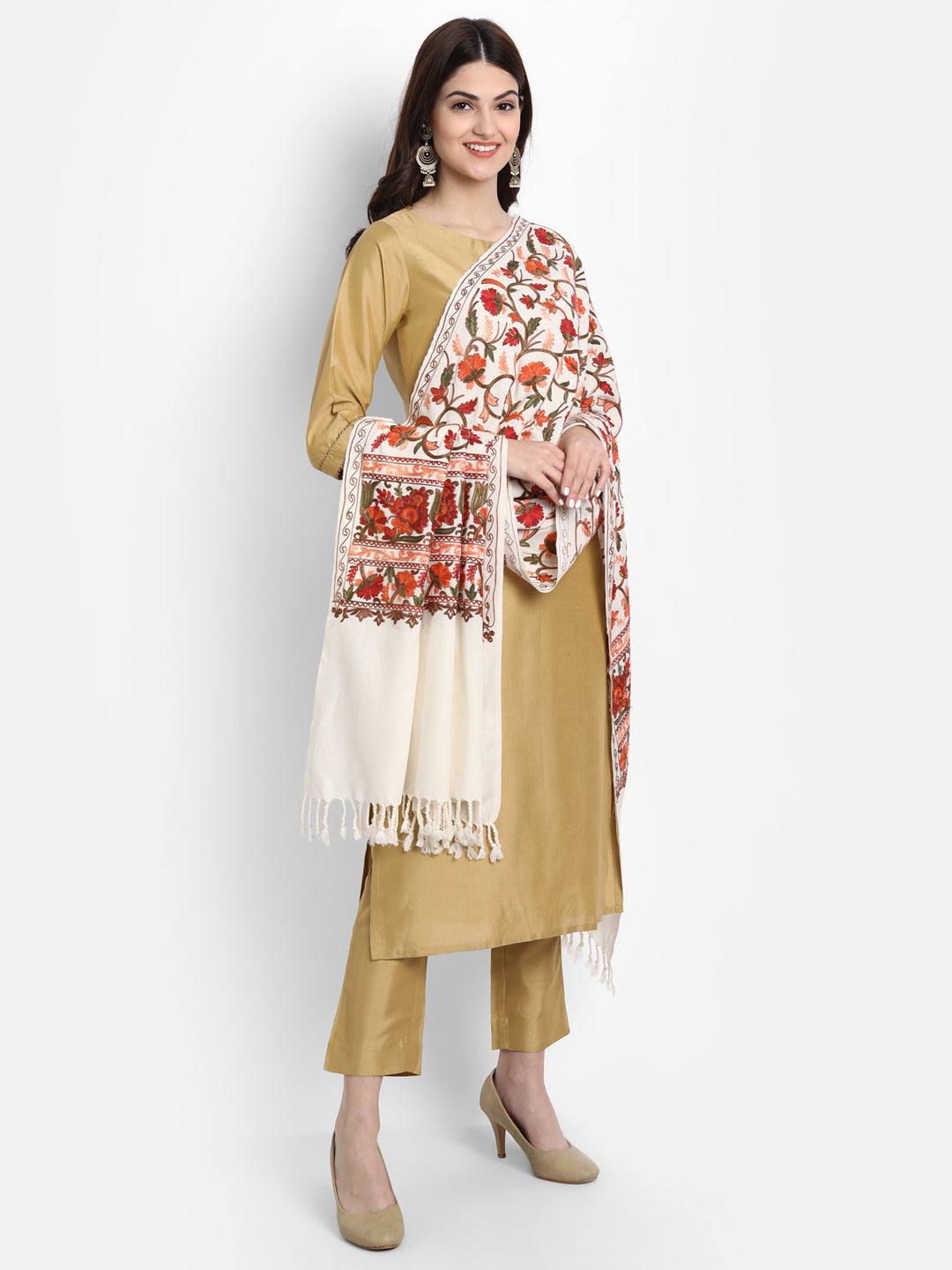 Kashmiri Aari Embroidery Woollen Stole | Off White - Zamour
