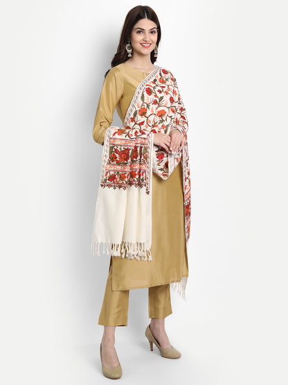 Kashmiri Aari Embroidery Woollen Stole | Off White - Zamour