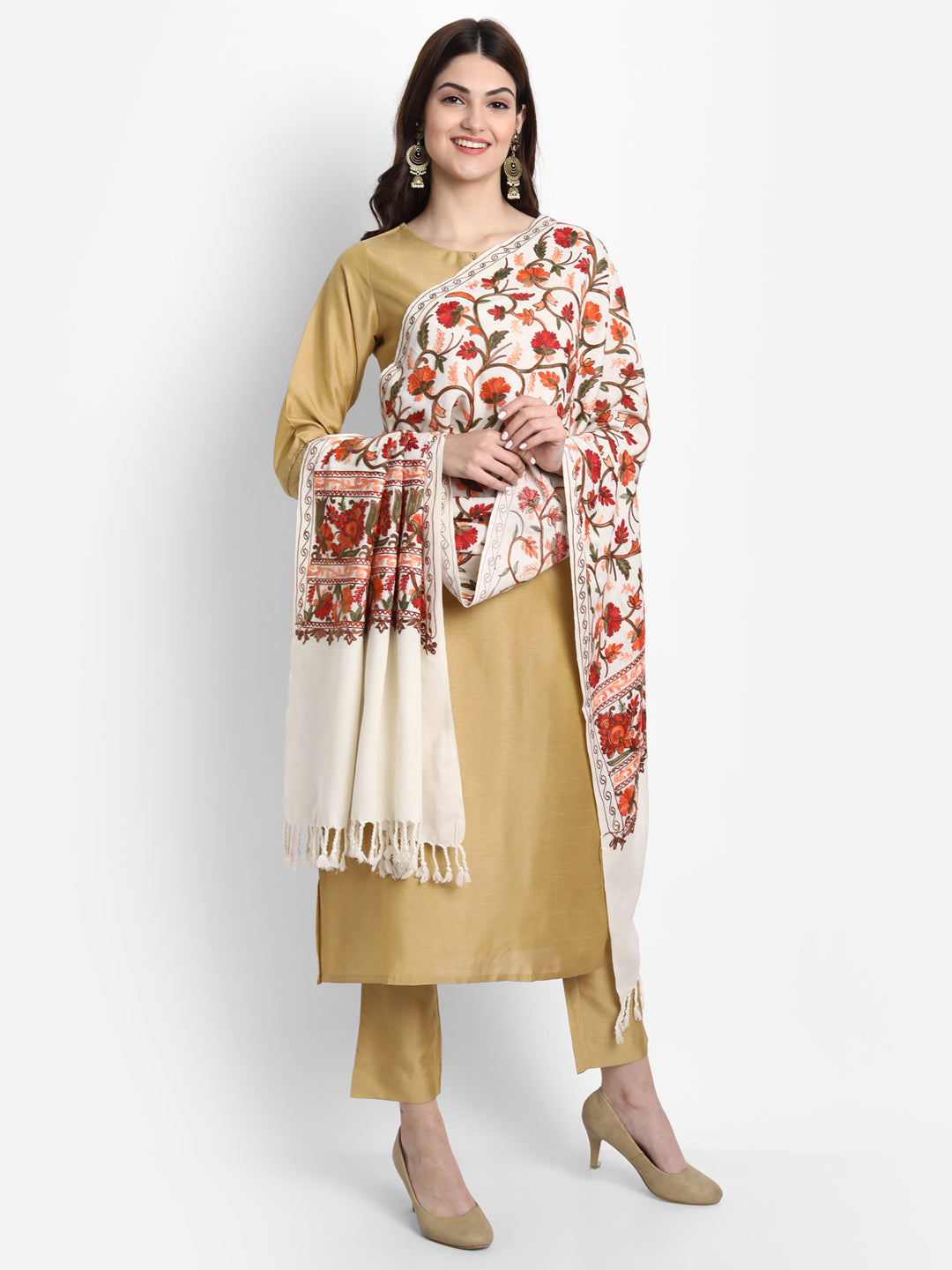 Kashmiri Aari Embroidery Woollen Stole | Off White - Zamour