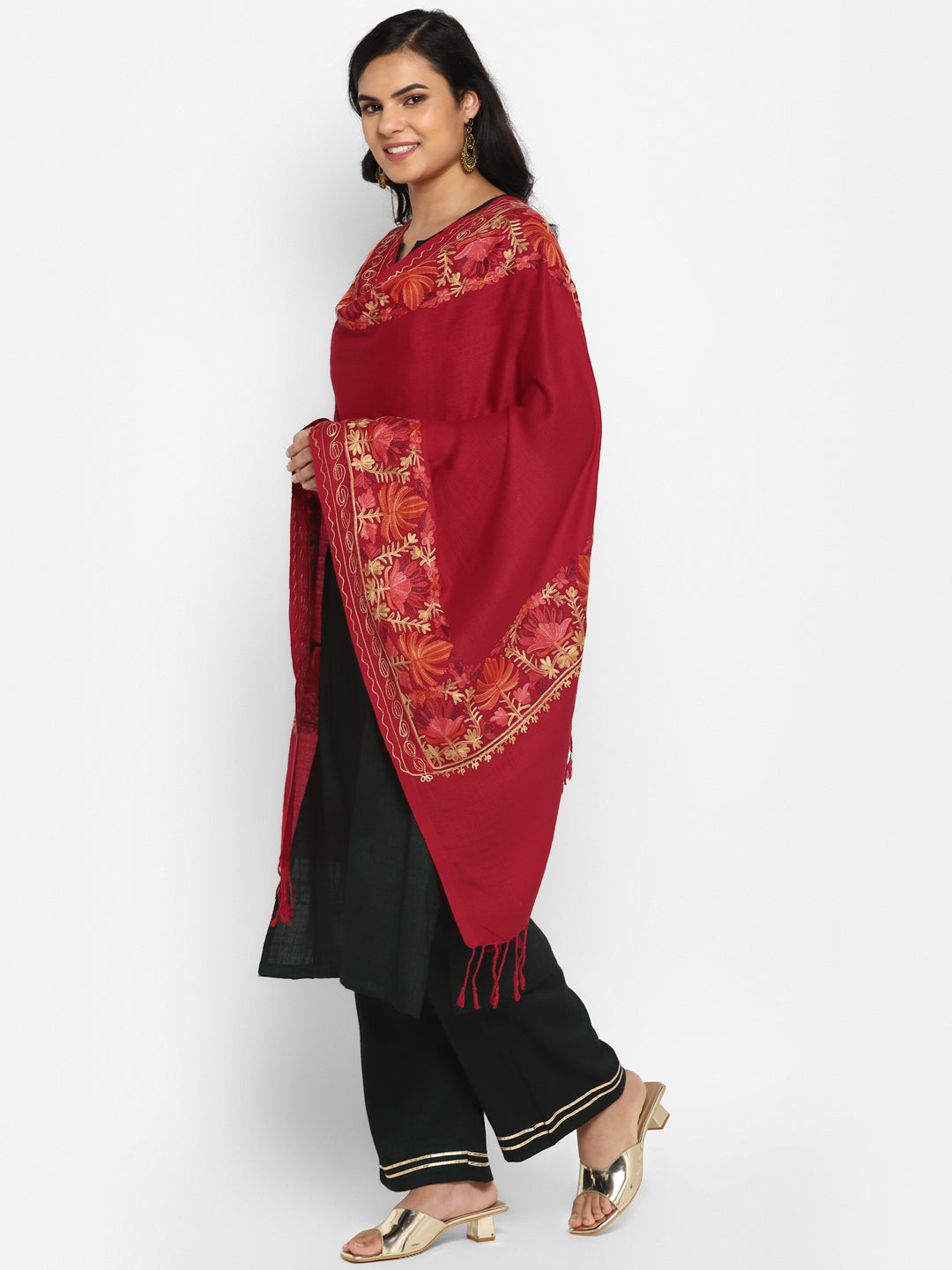 Kashmiri Aari Embroidery Woollen Stole | Red - Zamour