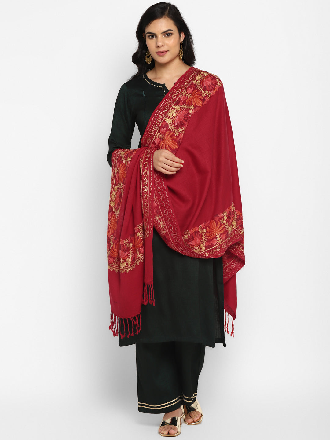 Kashmiri Aari Embroidery Woollen Stole | Red - Zamour
