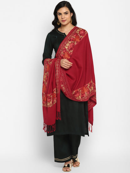Kashmiri Aari Embroidery Woollen Stole | Red - Zamour