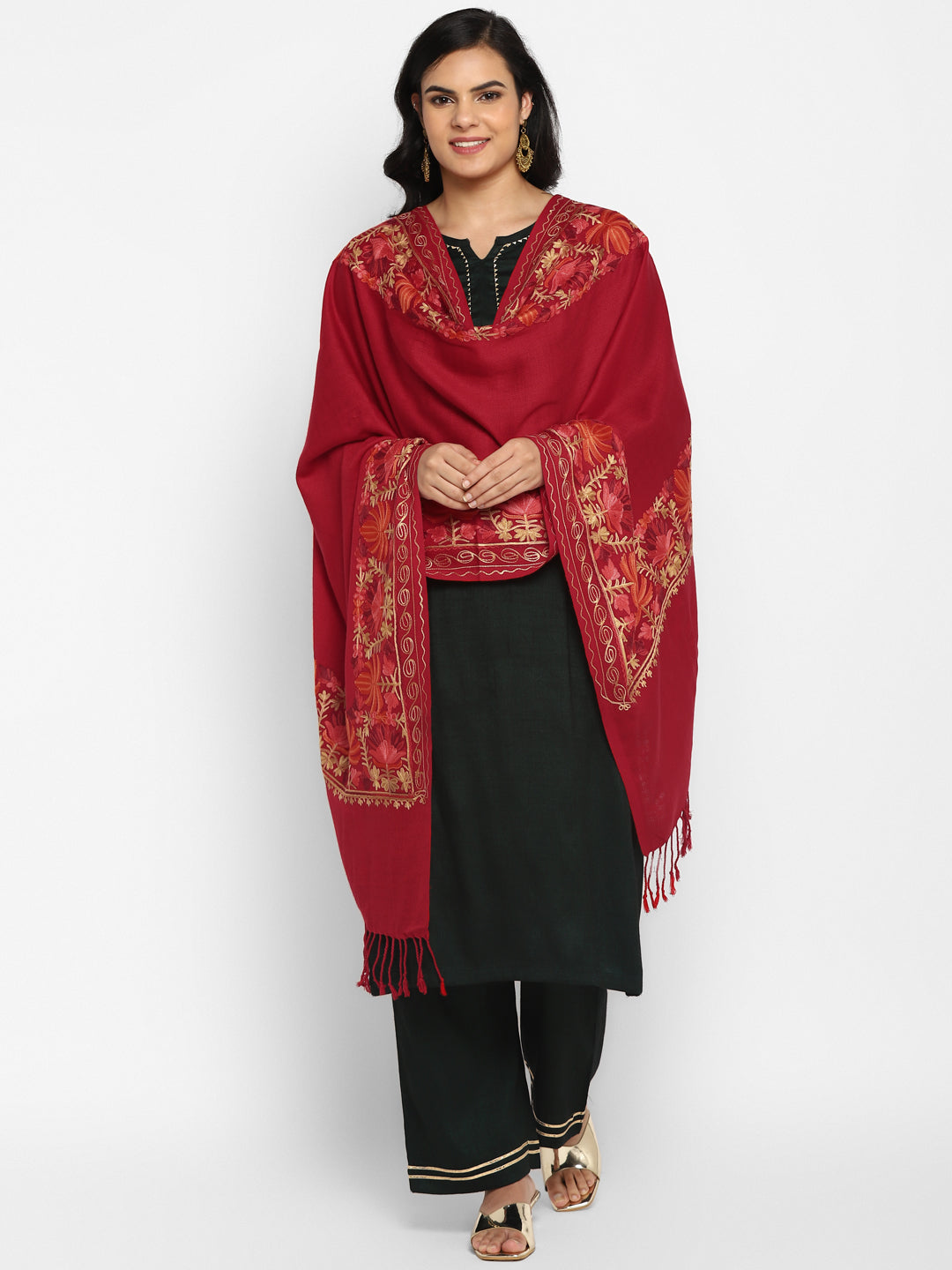 Kashmiri Aari Embroidery Woollen Stole | Red - Zamour
