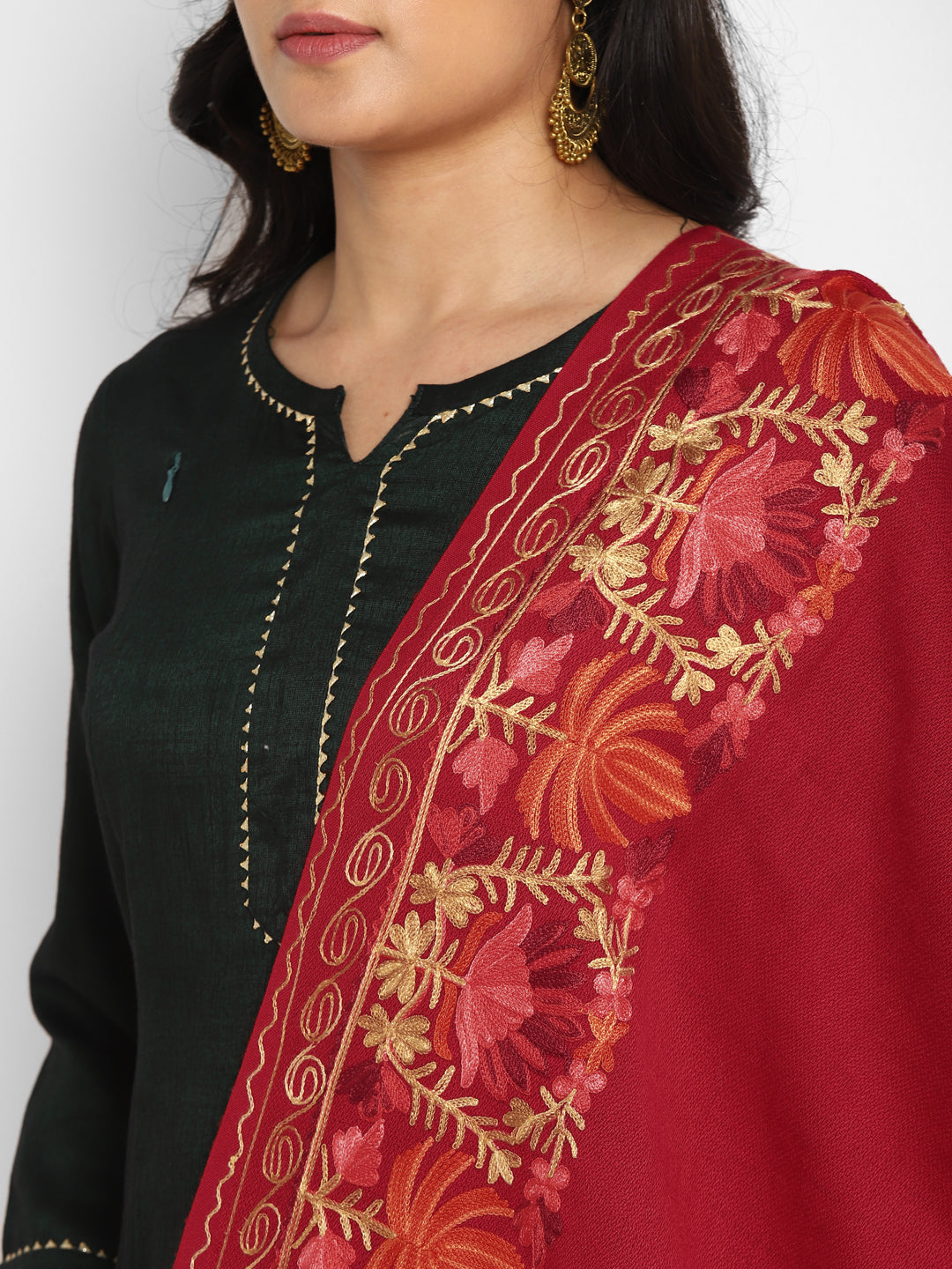 Kashmiri Aari Embroidery Woollen Stole | Red - Zamour