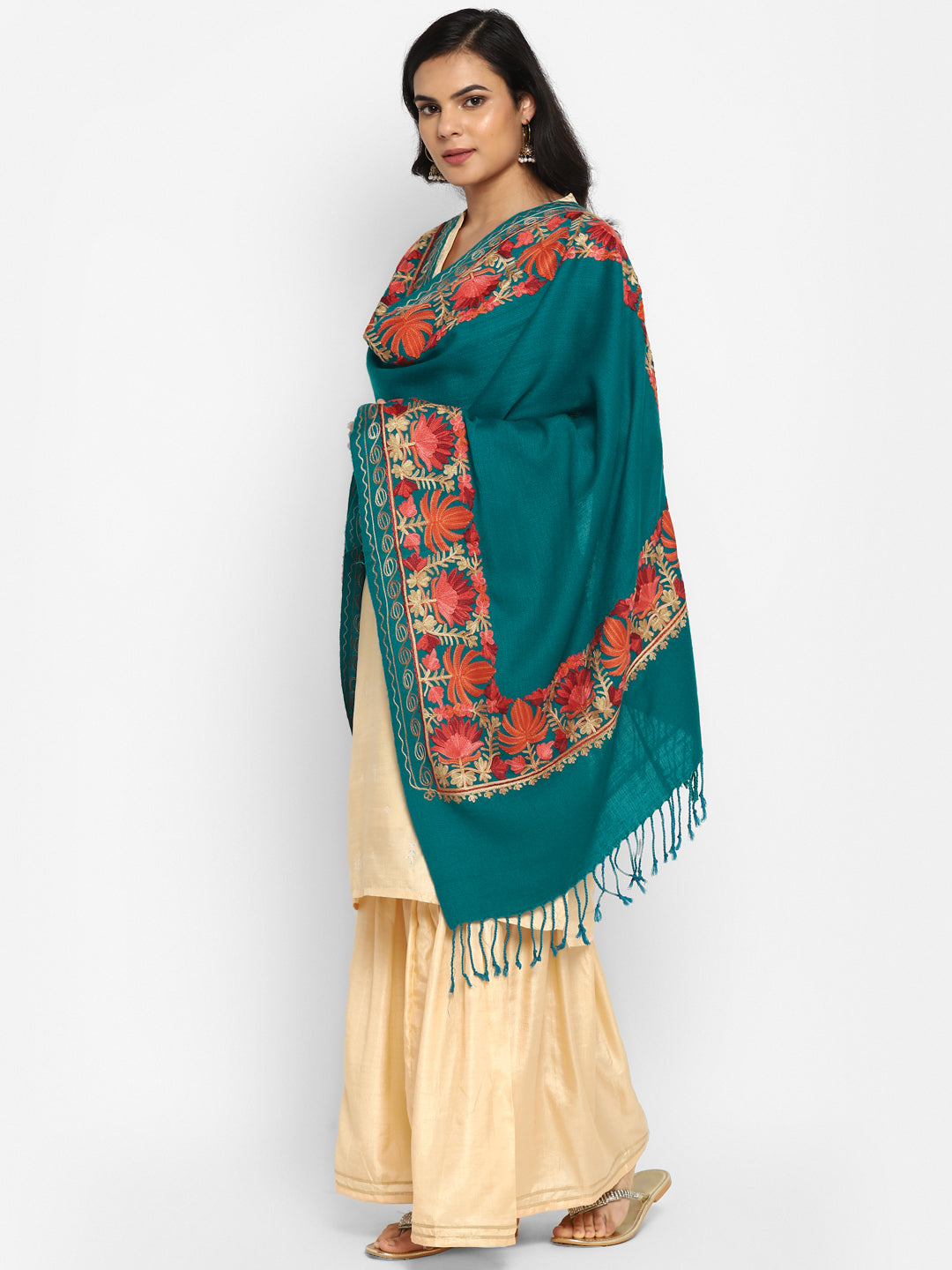 Kashmiri Aari Embroidery Woollen Stole | Seagreen - Zamour