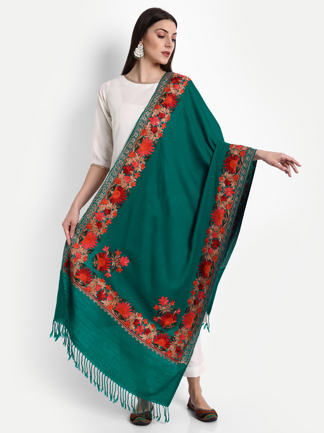 Kashmiri Aari Embroidery Woollen Stole | Seagreen - Zamour