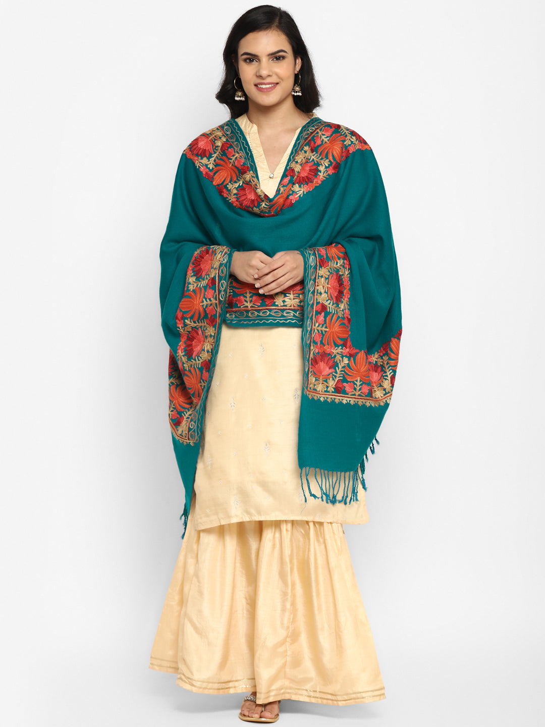Kashmiri Aari Embroidery Woollen Stole | Seagreen - Zamour