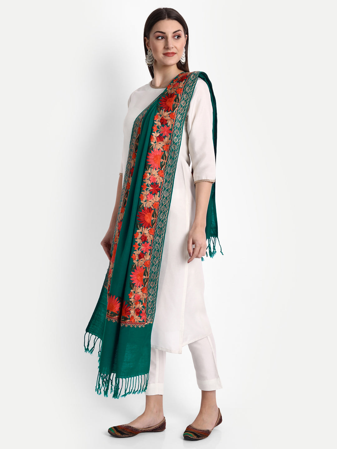 Kashmiri Aari Embroidery Woollen Stole | Seagreen - Zamour