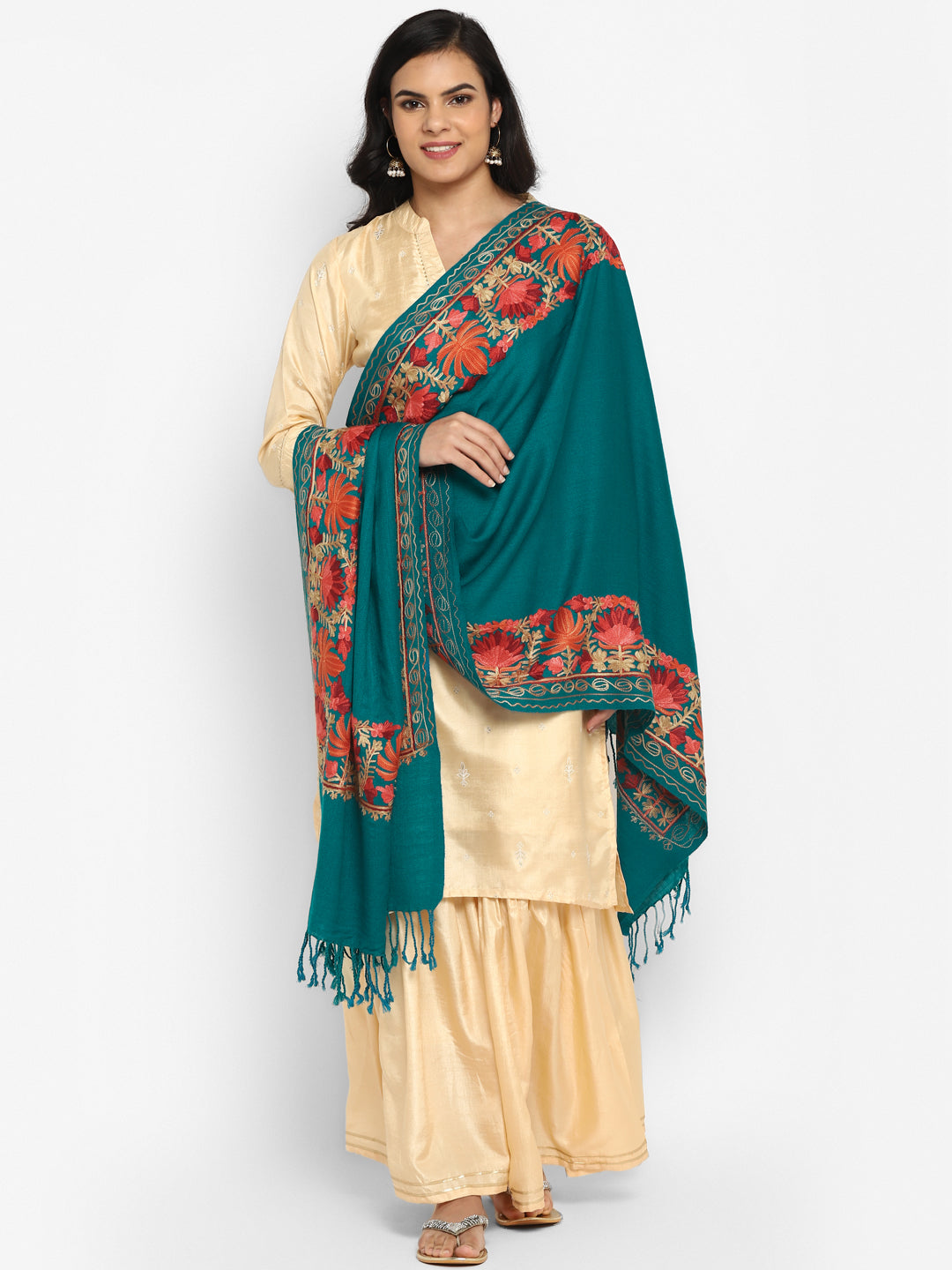 Kashmiri Aari Embroidery Woollen Stole | Seagreen - Zamour