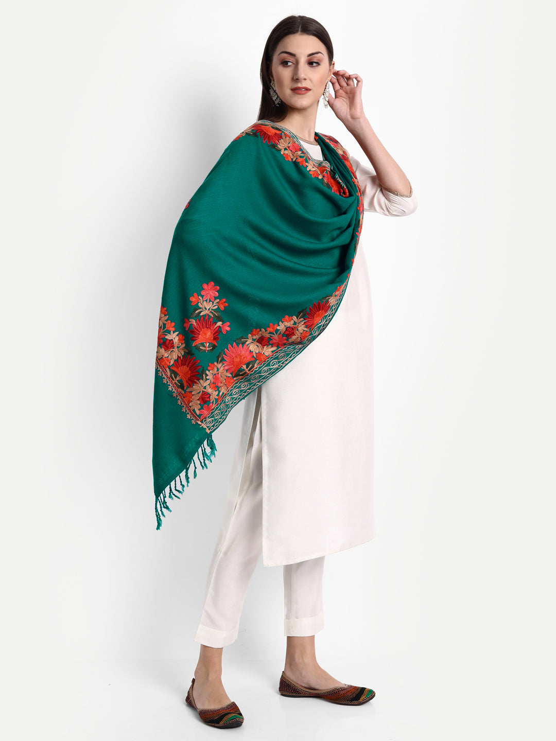 Kashmiri Aari Embroidery Woollen Stole | Seagreen - Zamour
