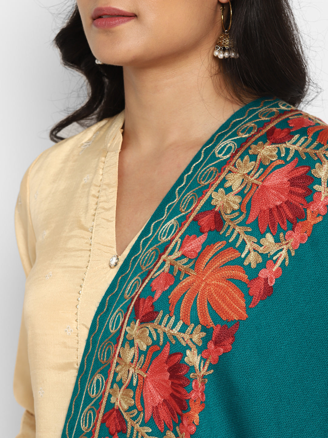 Kashmiri Aari Embroidery Woollen Stole | Seagreen - Zamour